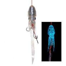 Lumica Puni-Rubber — coloris Blue Glow Glitter, vue du leurre et de sa phosphorescence ; visuel de gamme
