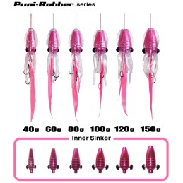 Illustration de gamme Puni-Rubber — comparaison 40 à 150 g en coloris UV Clear, distinct du coloris vendu
