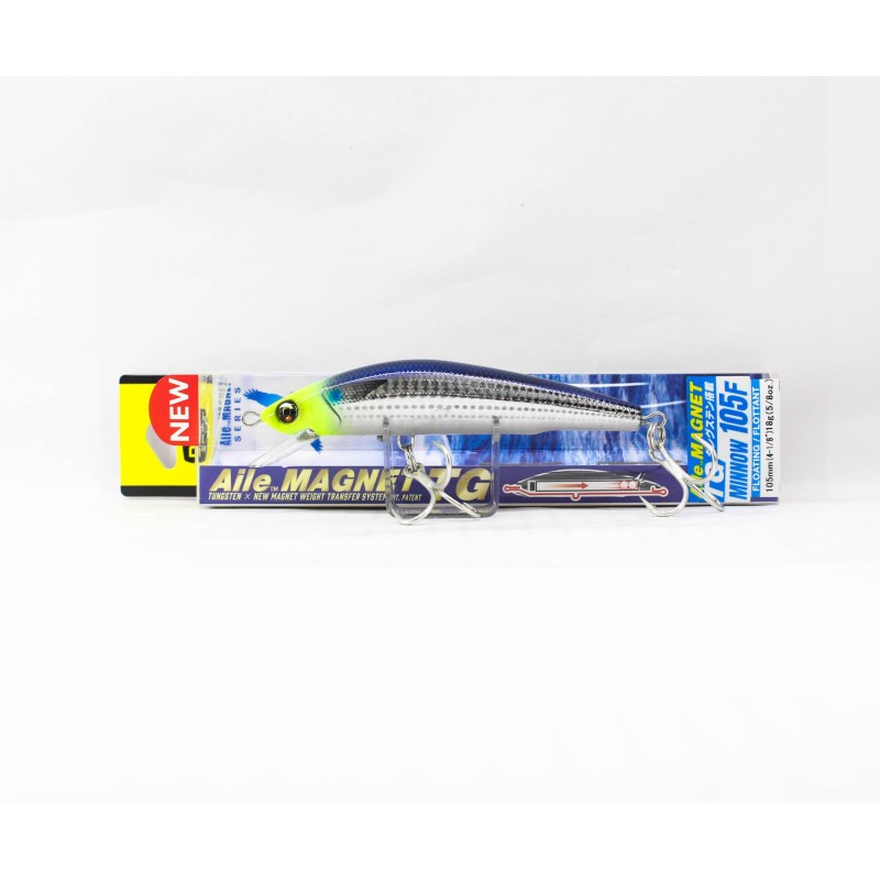 DUEL Aile Magnet TG Minnow 105F HCHM — profil avec deux triples montés et emballage 105F