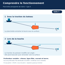 Taille 5 — schéma de principe : plongée sous traction et remontée possible à la touche ; profondeur variable, non à l’échelle