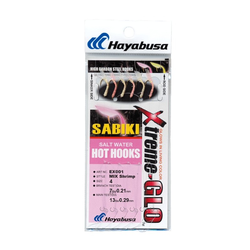 Sabiki Hayabusa EX001 Xtreme-Glo Mix Shrimp – taille 4 – 6 hameçons