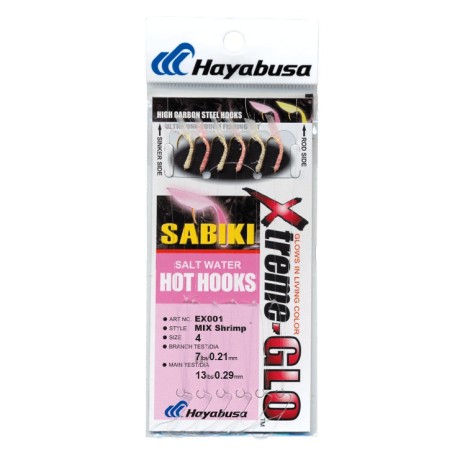 Sabiki Hayabusa EX001 Xtreme-Glo Mix Shrimp – taille 4 – 6 hameçons