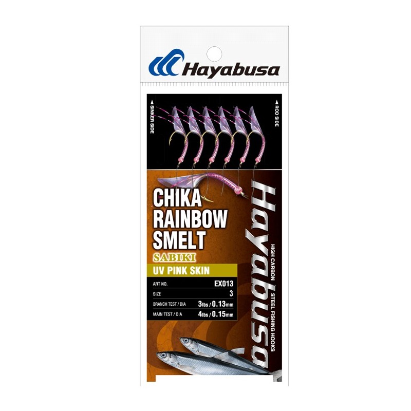 Sabiki Hayabusa EX013 Chika Rainbow Smelt UV Pink Skin – taille 3 – 6 hameçons